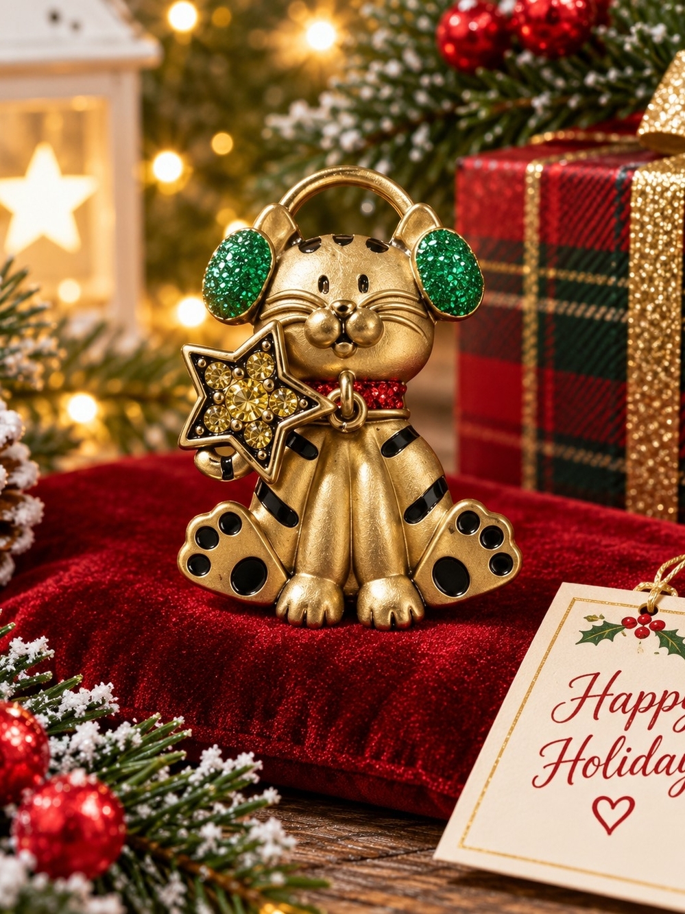 Gold Cat Ornament with Green Ear Brooch